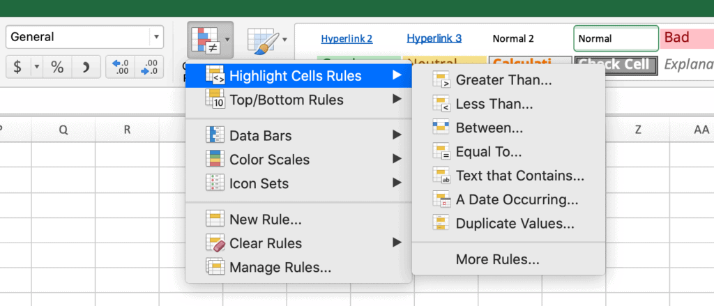 highlight cells rules