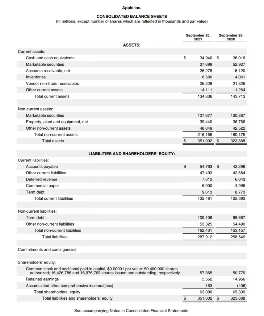 Apple balance sheet 2021