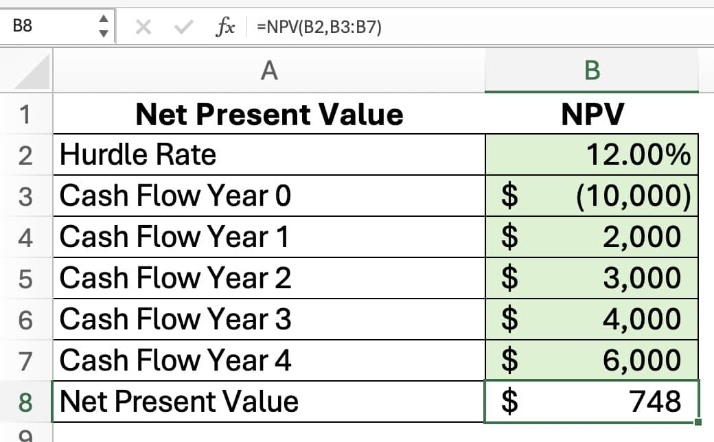 NPV function example