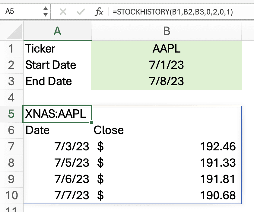 STOCKHISTORY function example