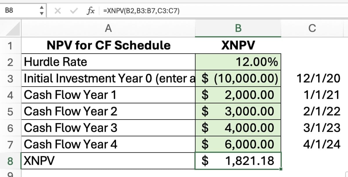 XNPV function example